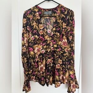 Anthropologie Black and Pink Ruffled Blouse with Bell Sleeves